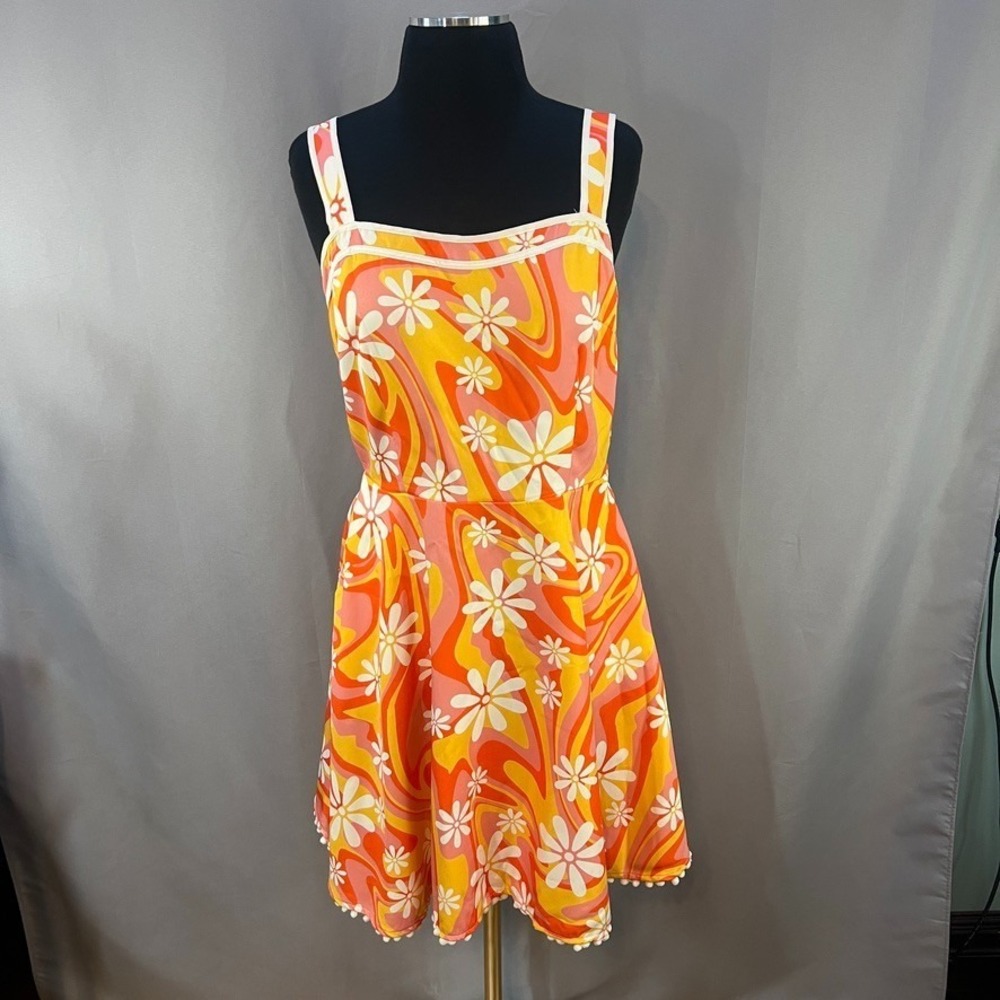 Smak Parlour Women Medium Sundress 60s‎ Mod Floral Pom Trim Y2K Aesthetic